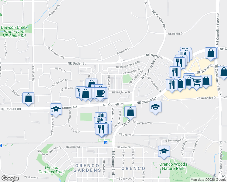 map of restaurants, bars, coffee shops, grocery stores, and more near 1507 Northeast 64th Avenue in Hillsboro