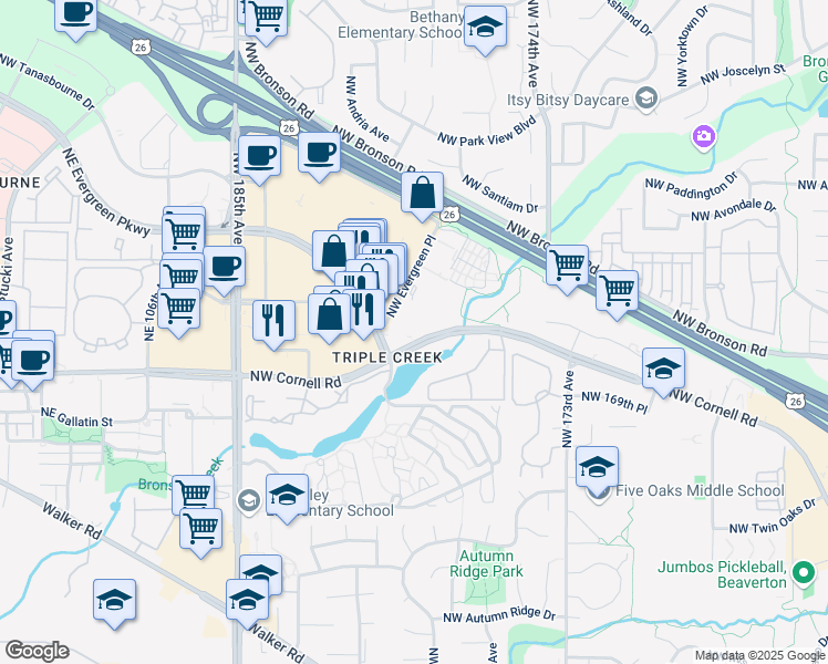 map of restaurants, bars, coffee shops, grocery stores, and more near 17885 Northeast Evergreen Parkway in Beaverton