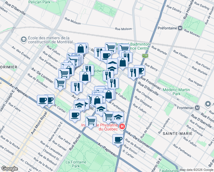 map of restaurants, bars, coffee shops, grocery stores, and more near Rue Fullum in Montréal