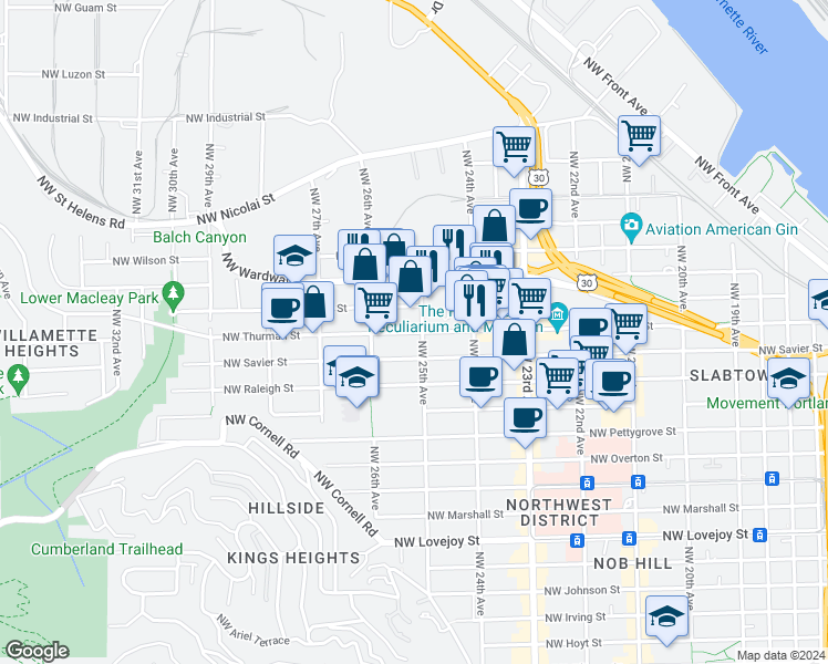 map of restaurants, bars, coffee shops, grocery stores, and more near 2501 Northwest Thurman Street in Portland