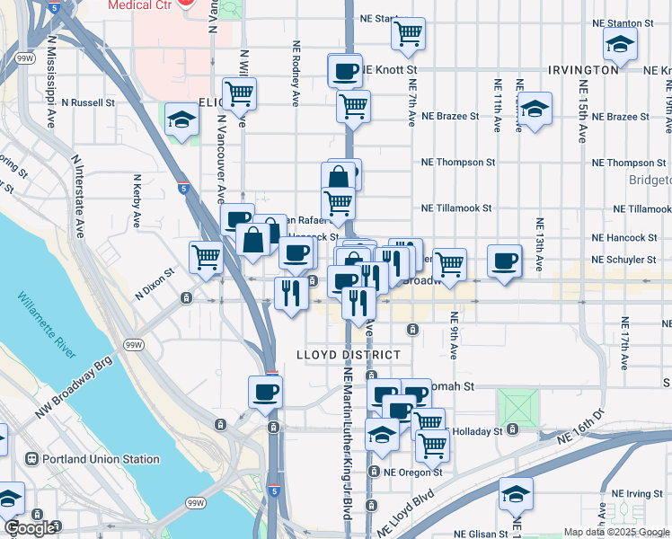 map of restaurants, bars, coffee shops, grocery stores, and more near 343 Northeast Broadway in Portland