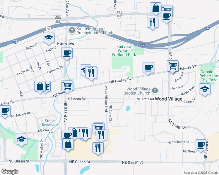 map of restaurants, bars, coffee shops, grocery stores, and more near 22900 Northeast Halsey Street in Wood Village