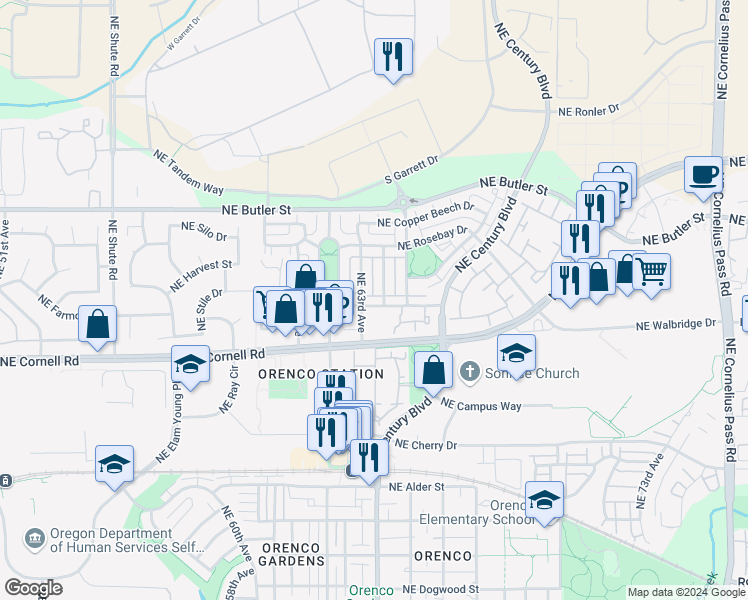 map of restaurants, bars, coffee shops, grocery stores, and more near 6355 Northeast Brighton Street in Hillsboro