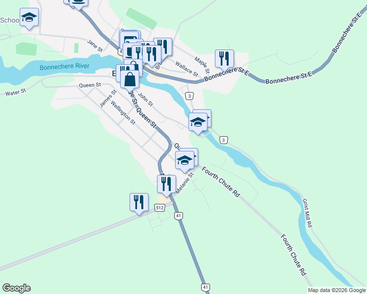 map of restaurants, bars, coffee shops, grocery stores, and more near 97 Queen Street in Eganville