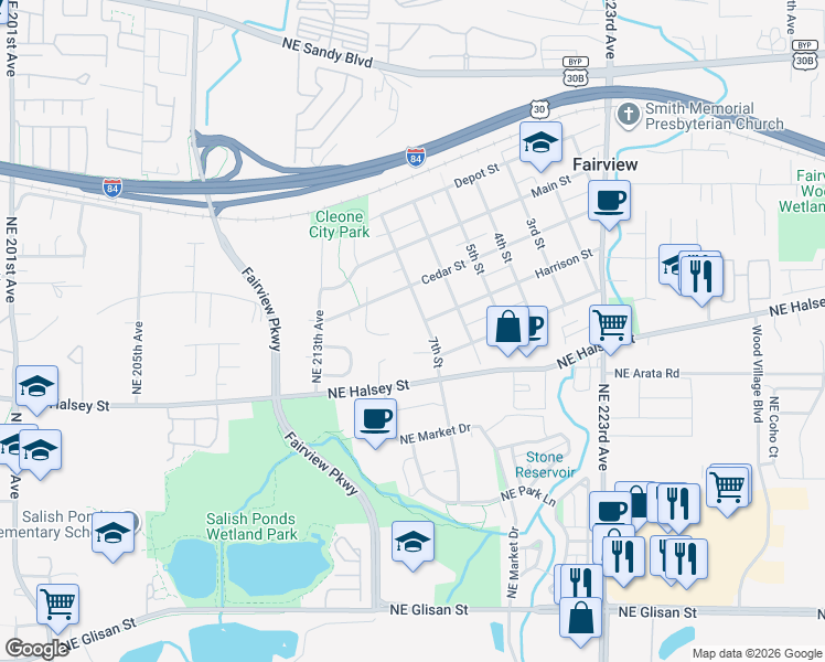 map of restaurants, bars, coffee shops, grocery stores, and more near 305 7th Street in Fairview