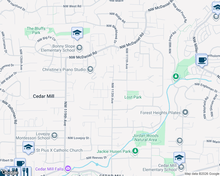 map of restaurants, bars, coffee shops, grocery stores, and more near 2205 Northwest 113th Avenue in Portland
