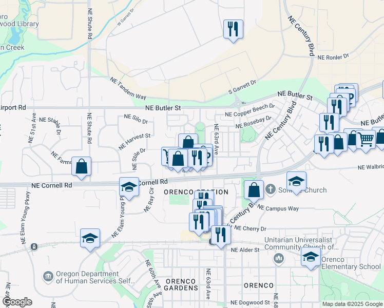 map of restaurants, bars, coffee shops, grocery stores, and more near 1505 Northeast Orenco Station Parkway in Hillsboro