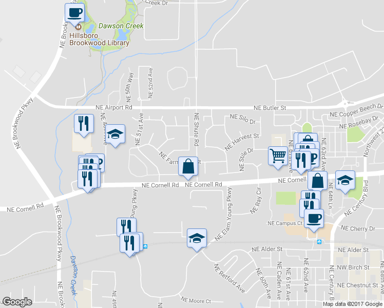 map of restaurants, bars, coffee shops, grocery stores, and more near 5488 Northeast Stanchion Court in Hillsboro