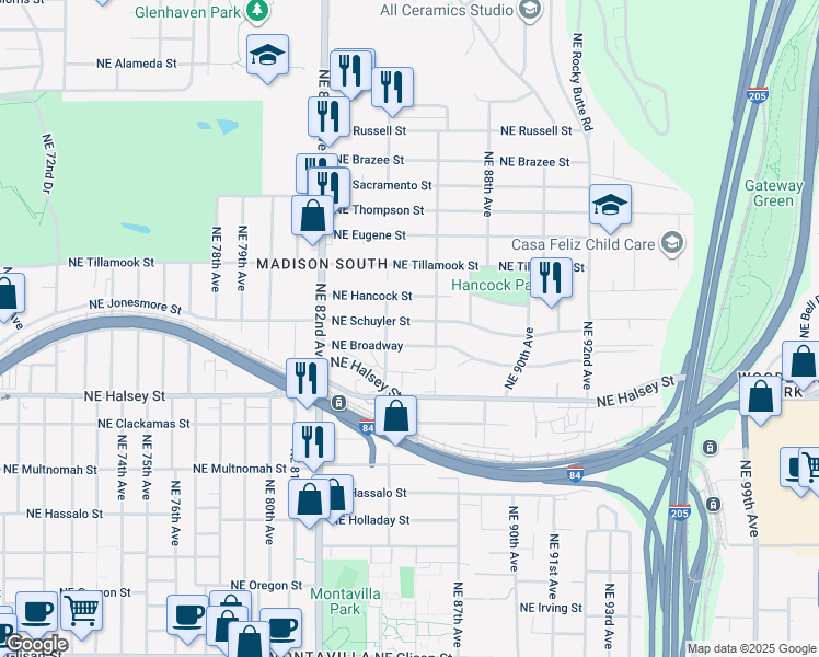 map of restaurants, bars, coffee shops, grocery stores, and more near 8448 Northeast Schuyler Street in Portland
