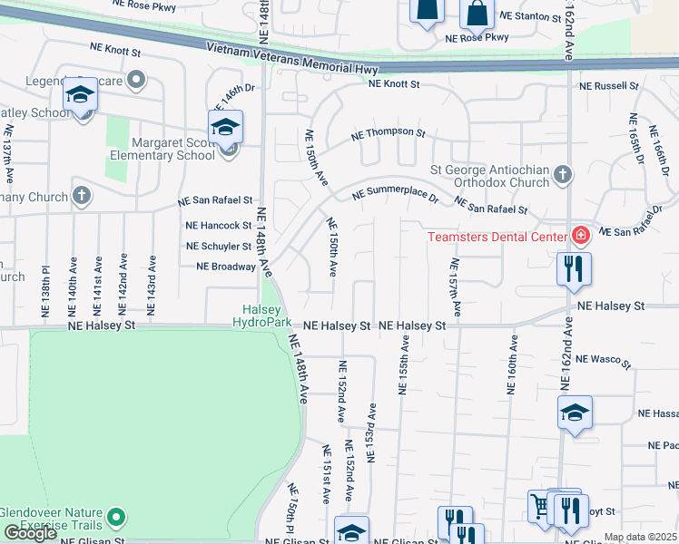 map of restaurants, bars, coffee shops, grocery stores, and more near 1710 Northeast 150th Avenue in Portland