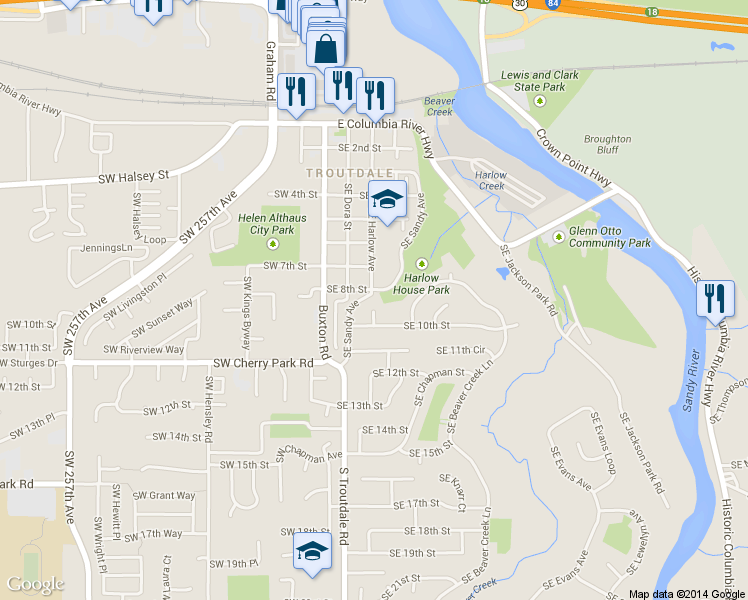 map of restaurants, bars, coffee shops, grocery stores, and more near 966 Southeast Harlow Court in Troutdale