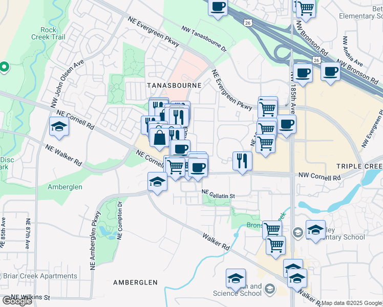 map of restaurants, bars, coffee shops, grocery stores, and more near 2046 Northeast Thorncroft Drive in Hillsboro