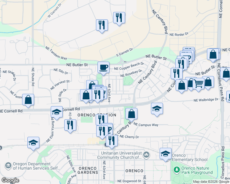 map of restaurants, bars, coffee shops, grocery stores, and more near 1507 Northeast 64th Avenue in Hillsboro