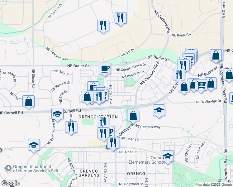 map of restaurants, bars, coffee shops, grocery stores, and more near 1505 Northeast 64th Avenue in Hillsboro