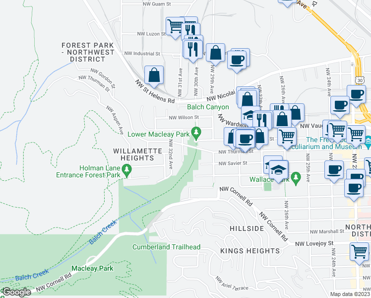 map of restaurants, bars, coffee shops, grocery stores, and more near 3044 Northwest Thurman Street in Portland