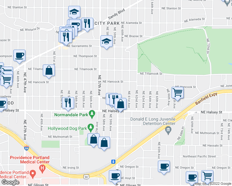 map of restaurants, bars, coffee shops, grocery stores, and more near 1730 Northeast 59th Avenue in Portland