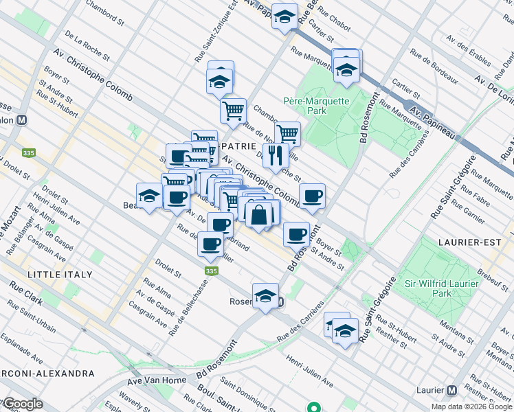 map of restaurants, bars, coffee shops, grocery stores, and more near 908 Rue de Bellechasse in Montréal