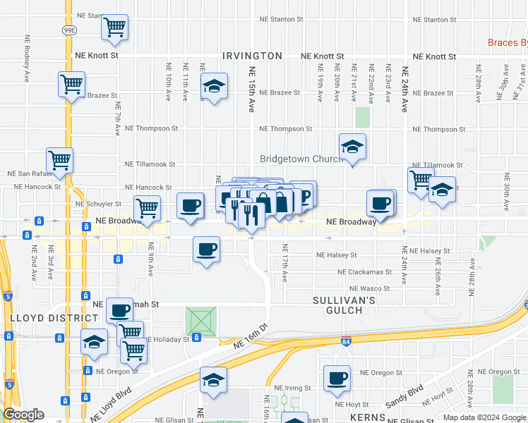 map of restaurants, bars, coffee shops, grocery stores, and more near 1723 Northeast 16th Avenue in Portland