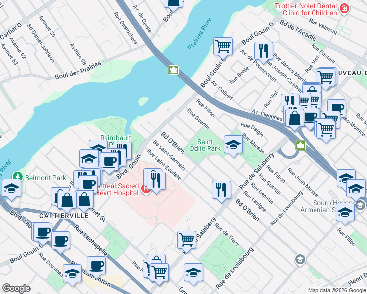 map of restaurants, bars, coffee shops, grocery stores, and more near 12217 Boulevard O'Brien in Montréal