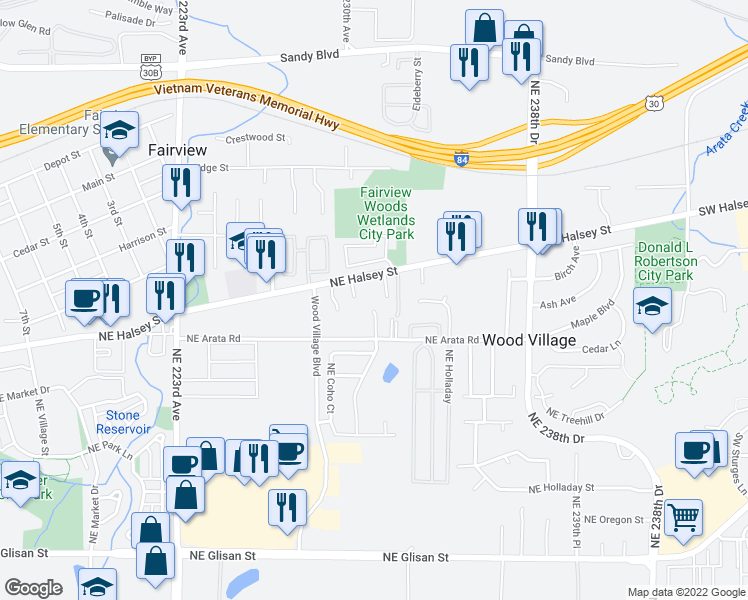 map of restaurants, bars, coffee shops, grocery stores, and more near in Wood Village