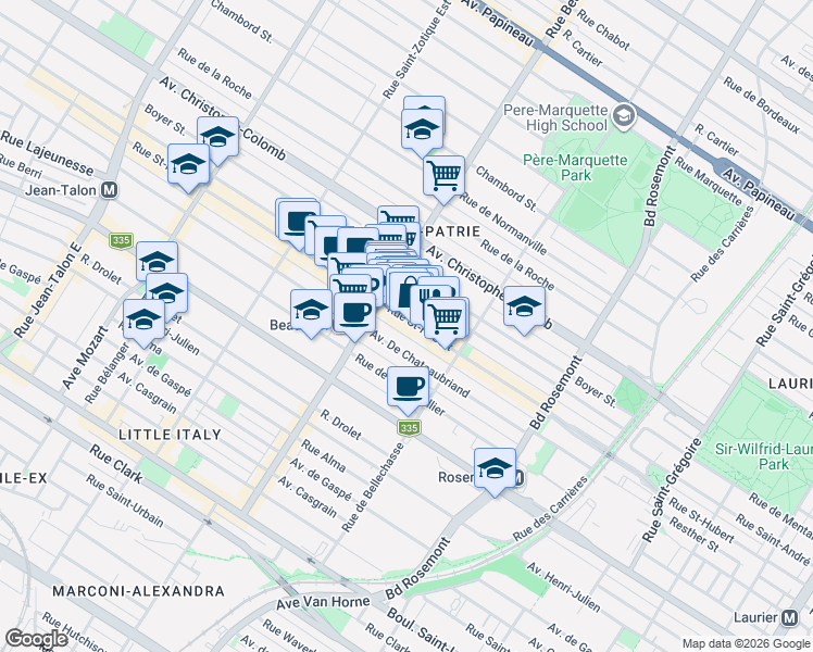 map of restaurants, bars, coffee shops, grocery stores, and more near 6346 Rue Saint-Hubert in Montréal