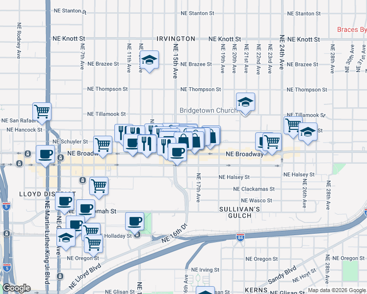 map of restaurants, bars, coffee shops, grocery stores, and more near 1721-1727 Northeast 16th Avenue in Portland