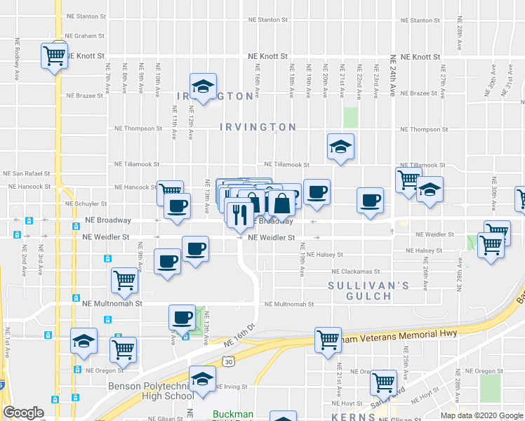 map of restaurants, bars, coffee shops, grocery stores, and more near 1602 Northeast Schuyler Street in Portland