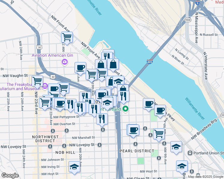 map of restaurants, bars, coffee shops, grocery stores, and more near 1703 Northwest 16th Avenue in Portland
