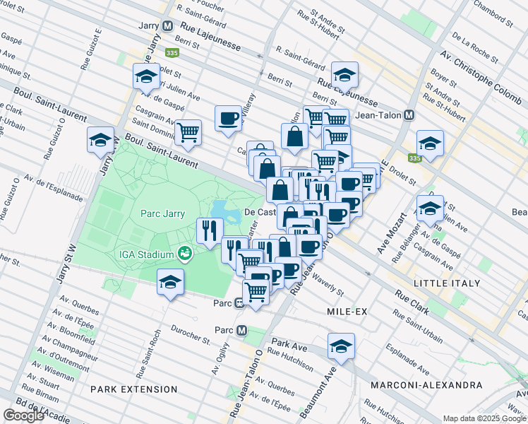 map of restaurants, bars, coffee shops, grocery stores, and more near 8 Rue Gary-Carter in Montréal