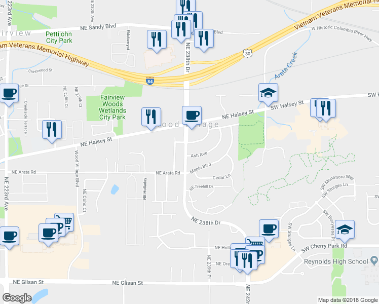 map of restaurants, bars, coffee shops, grocery stores, and more near 100 Ash Ave in Wood Village