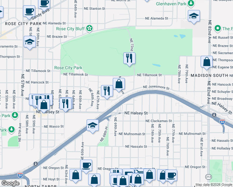 map of restaurants, bars, coffee shops, grocery stores, and more near 6923 Northeast Broadway in Portland