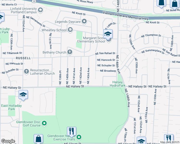 map of restaurants, bars, coffee shops, grocery stores, and more near 1712 Northeast 143rd Avenue in Portland