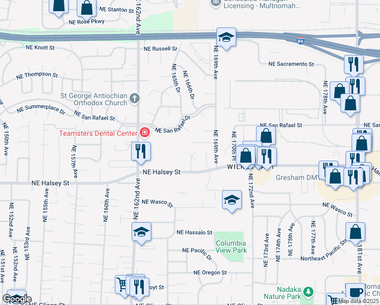 map of restaurants, bars, coffee shops, grocery stores, and more near 16635 Northeast Halsey Street in Portland