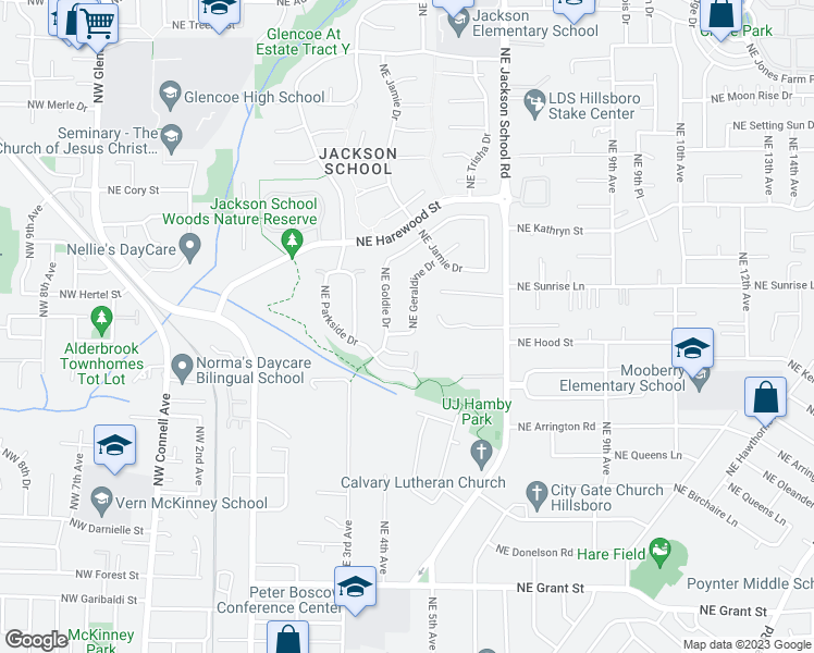 map of restaurants, bars, coffee shops, grocery stores, and more near 519 Northeast Geraldine Drive in Hillsboro