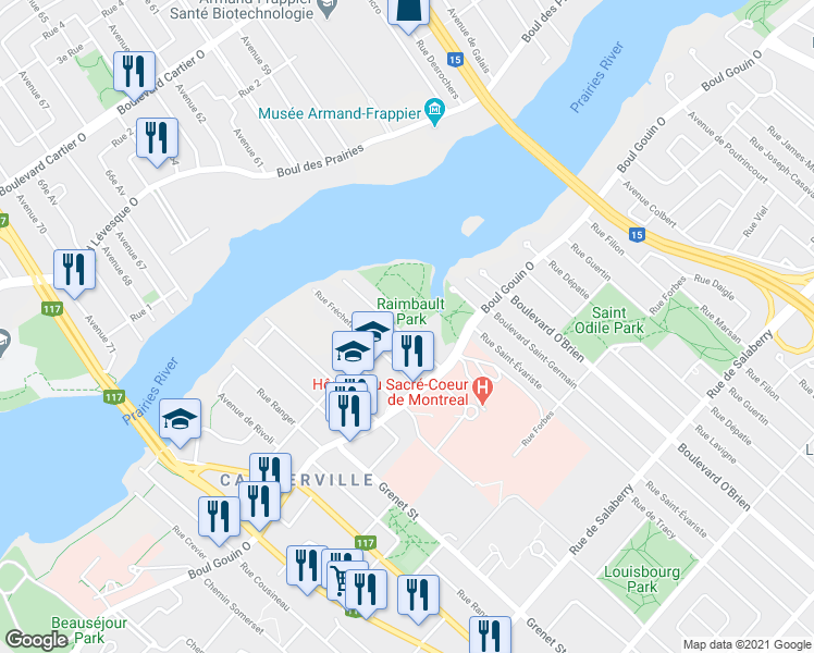 map of restaurants, bars, coffee shops, grocery stores, and more near 12375 Rue Notre-Dame-des-Anges in Montréal