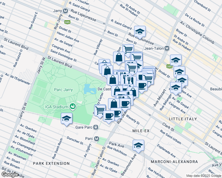 map of restaurants, bars, coffee shops, grocery stores, and more near 7400 Saint Laurent Boulevard in Montreal