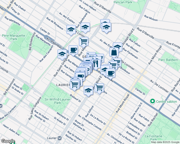 map of restaurants, bars, coffee shops, grocery stores, and more near 1668 Avenue Laurier Est in Montréal