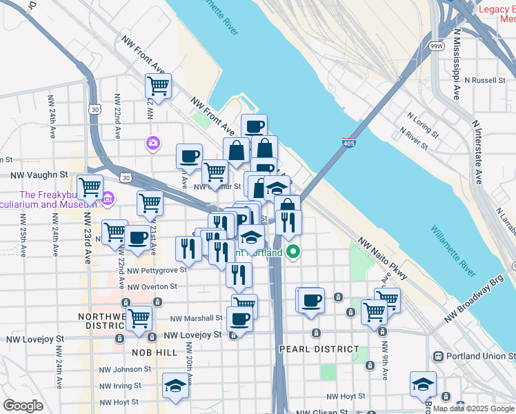 map of restaurants, bars, coffee shops, grocery stores, and more near 1626 Northwest Thurman Street in Portland