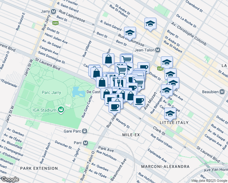 map of restaurants, bars, coffee shops, grocery stores, and more near 1 Rue de Castelnau Est in Montreal