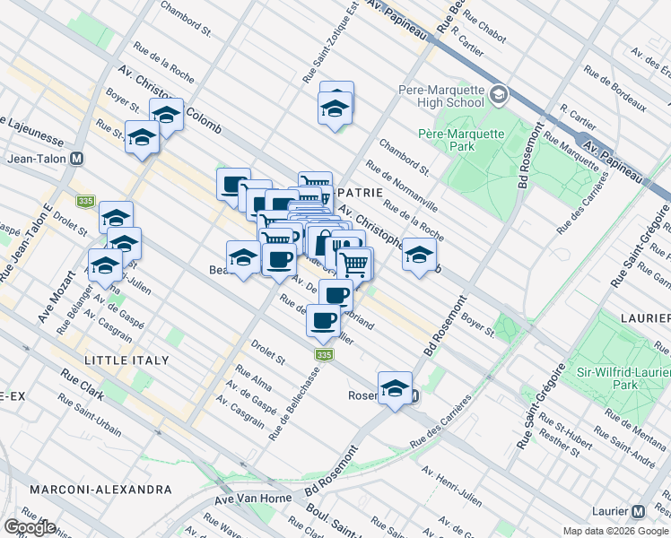 map of restaurants, bars, coffee shops, grocery stores, and more near 6315 Rue Saint-Hubert in Montréal