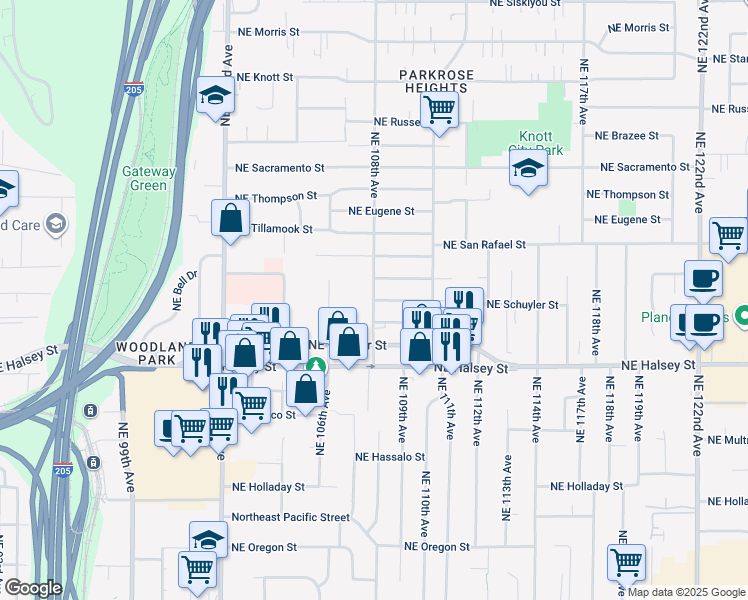 map of restaurants, bars, coffee shops, grocery stores, and more near 1801 Northeast 108th Avenue in Portland