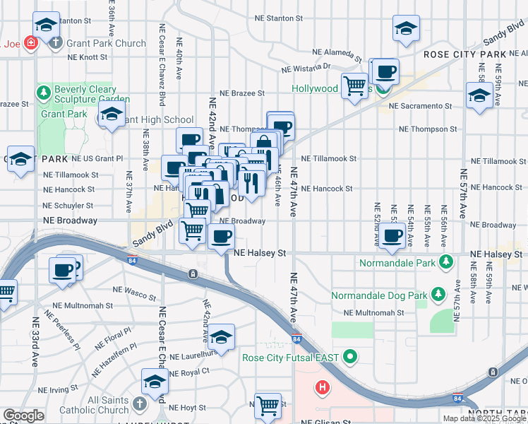 map of restaurants, bars, coffee shops, grocery stores, and more near in Portland