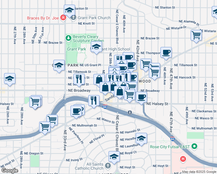 map of restaurants, bars, coffee shops, grocery stores, and more near 1722 Northeast 37th Avenue in Portland