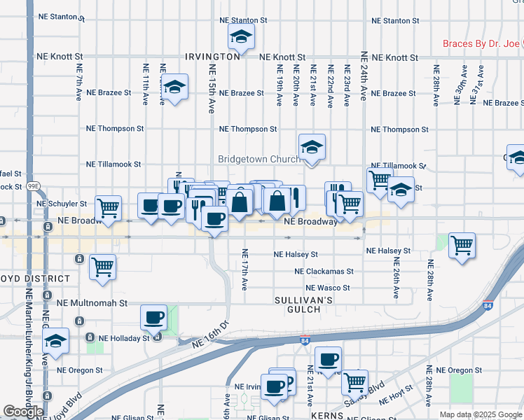 map of restaurants, bars, coffee shops, grocery stores, and more near 1820 Northeast Schuyler Street in Portland
