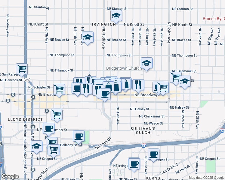 map of restaurants, bars, coffee shops, grocery stores, and more near 1602 Northeast Schuyler Street in Portland