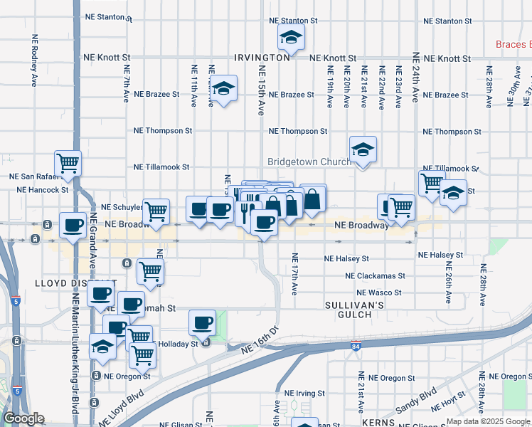 map of restaurants, bars, coffee shops, grocery stores, and more near Northeast 15th Avenue in Portland