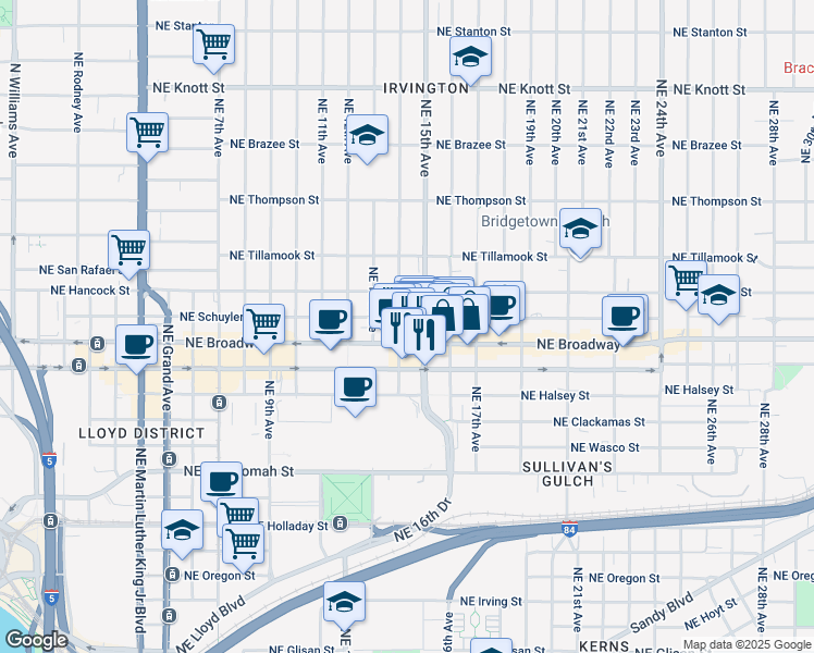 map of restaurants, bars, coffee shops, grocery stores, and more near Northeast 15th Avenue in Portland