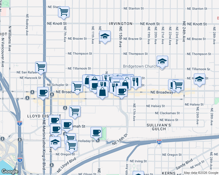 map of restaurants, bars, coffee shops, grocery stores, and more near 1312 Northeast Schuyler Street in Portland