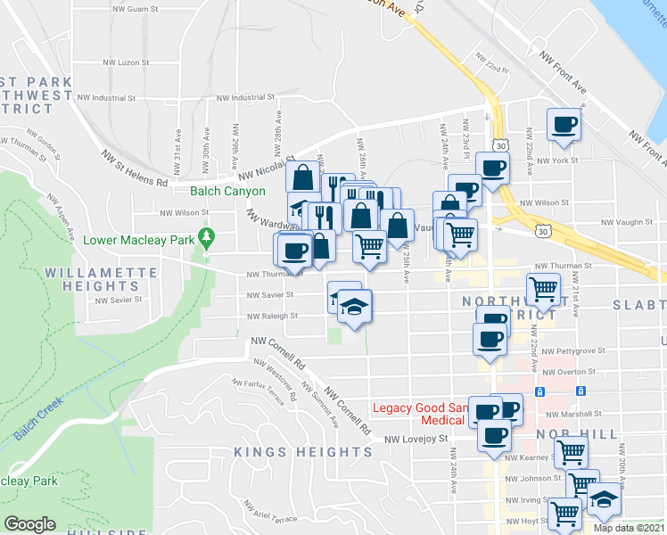 map of restaurants, bars, coffee shops, grocery stores, and more near 2651 Northwest Thurman Street in Portland