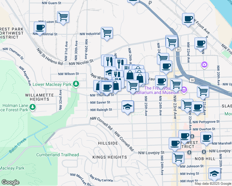 map of restaurants, bars, coffee shops, grocery stores, and more near 2725 Northwest Thurman Street in Portland